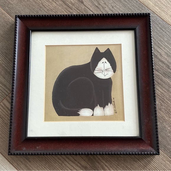 FIDDLESTIX SIGNED CUSTUM FRAMED FOLK ART CAT PICTURE WALL ART - Picture 4 of 6